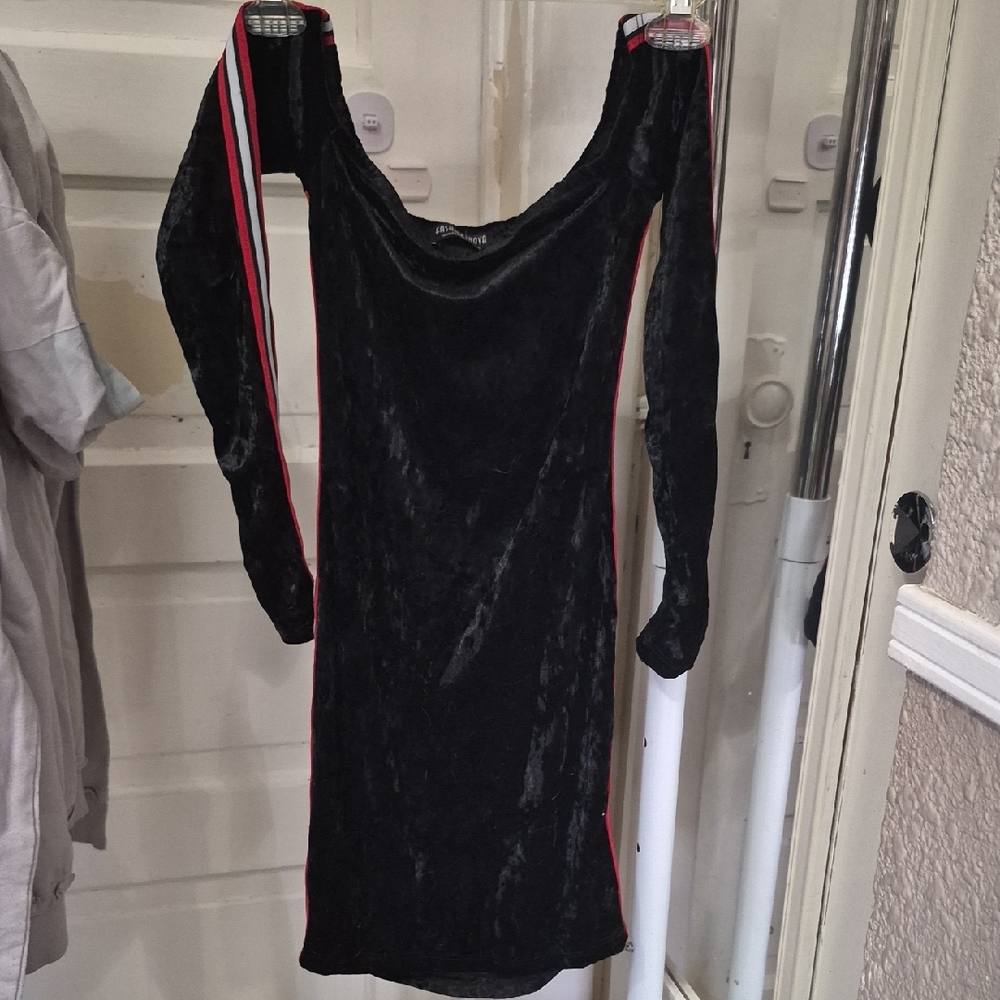 Black Velvet Long Sleeve Dress with Red Stripe Detailing